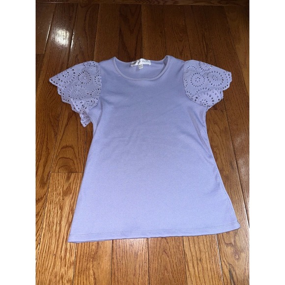 Women's Chelsea & Theodore Eyelet Sleeve Top Ribbed Knit Blouse Lavender XS - Picture 8 of 8